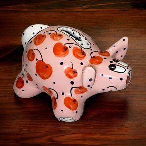 Vintage Whimsical GANZ Hand Painted Ceramic Piggy Bank Cherries Signed Pati